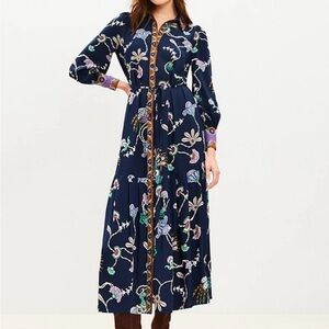 LOFT Pheasant Pleated Tie Waist Midi Shirtdress Size 8 Petite Peacock Floral